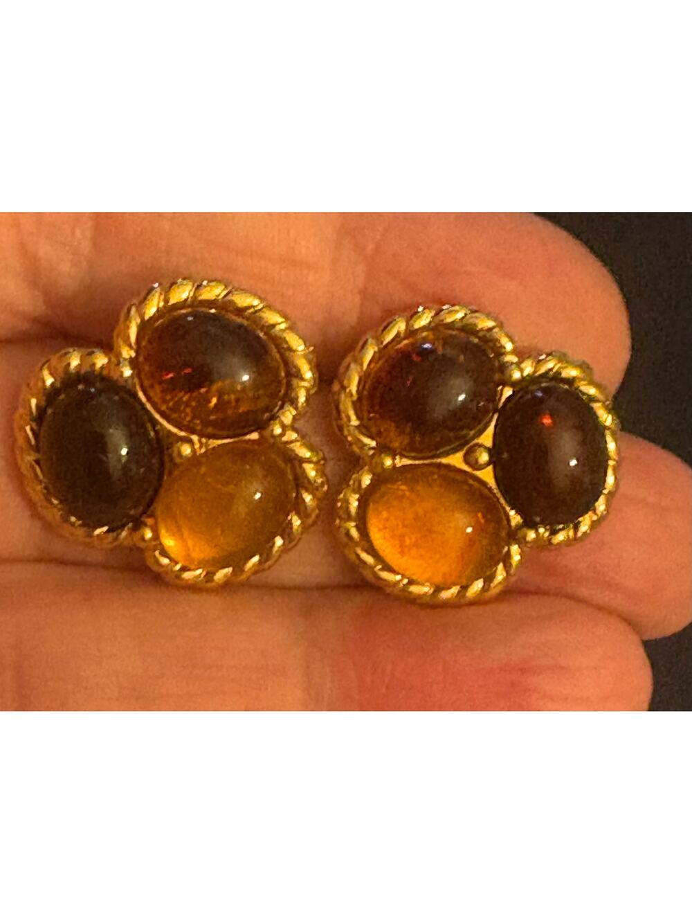Vintage Monet Amber Cabochon Cluster Earrings Gold Tone